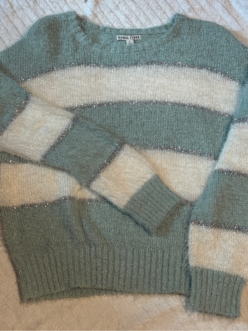 Moral Fiber Women's Mint & Cream Fuzzy Stripe Crew Sweater with Sparkle Trim